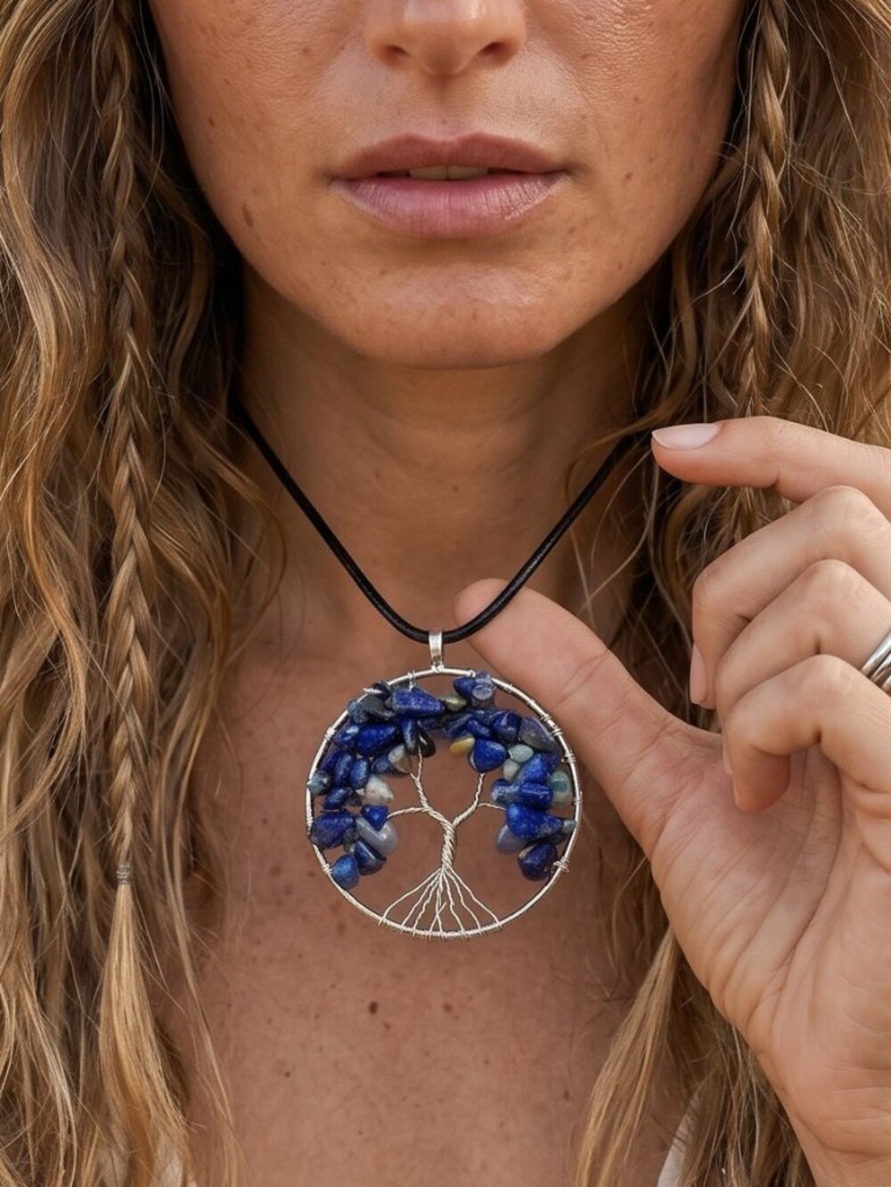 Genuine Sodalite Tree of Life Pendant Necklace Silver Wire Wrapped Mystical 2"